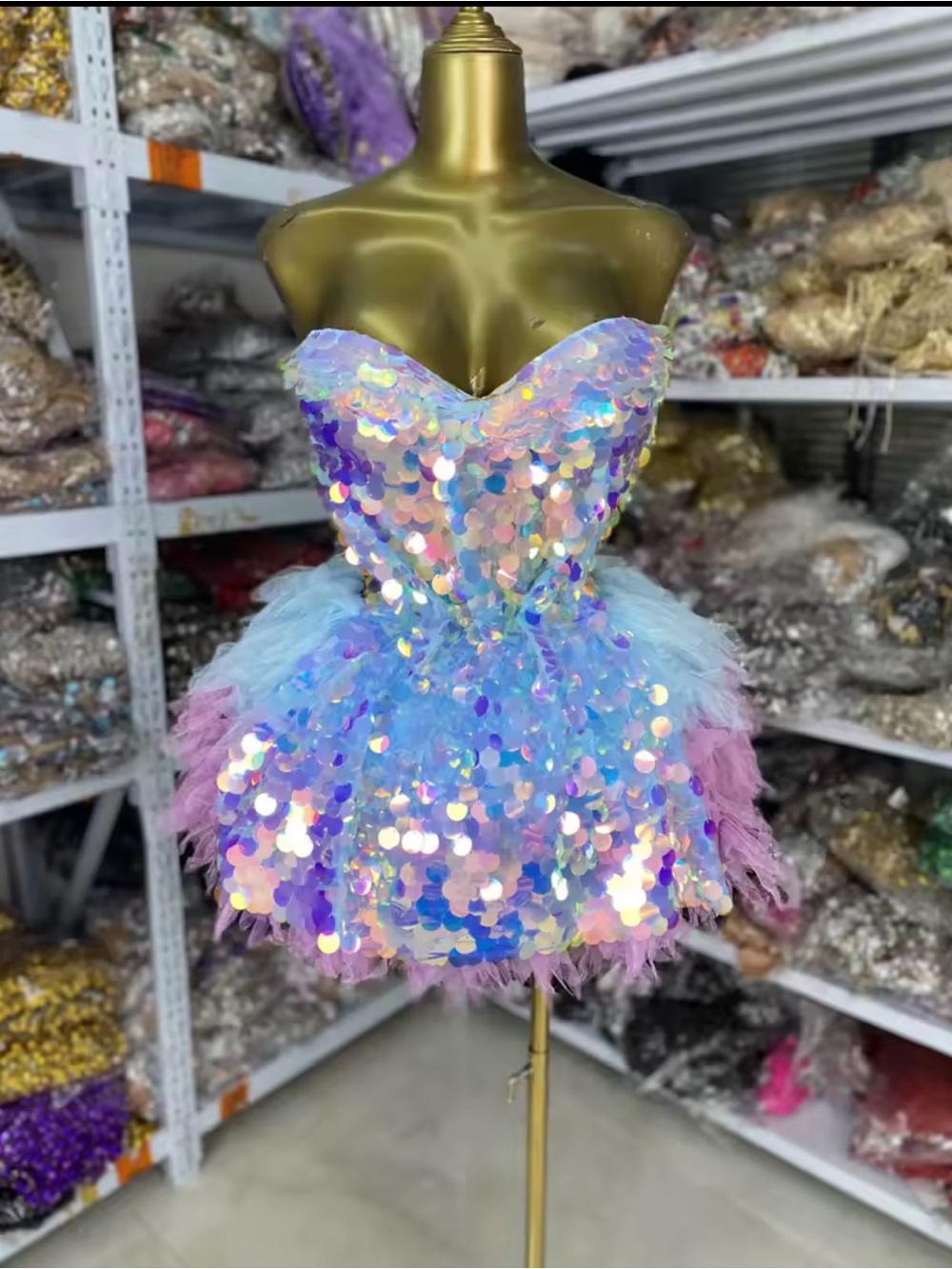 Iridescent Sequined Puff Tulle Kids Dress - Pastel Blue & Pink